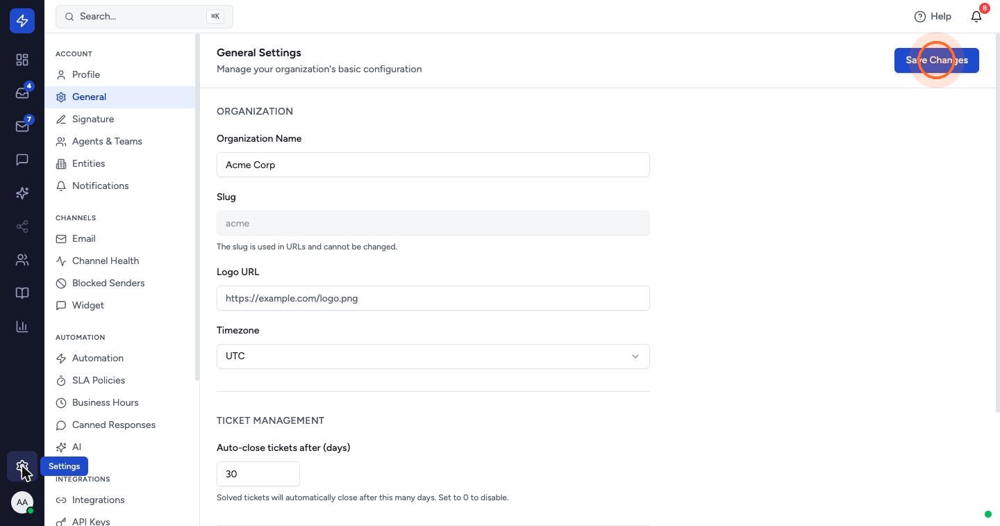 Settings opens on General. Check your Organization Name, choose your Timezone, and set Auto-close tickets after (days) — solved tickets close automatically after this many days (0 turns it off). Click Save Changes.