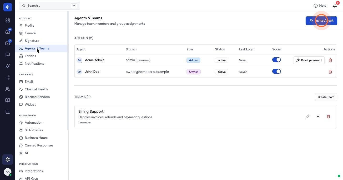 Open Agents & Teams. The table lists everyone in your workspace with their role, status and last login. Click Invite Agent.
