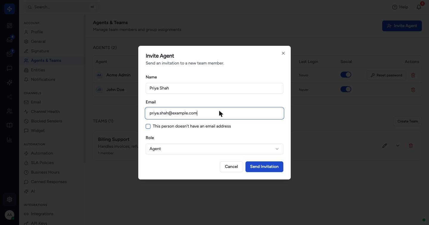Enter the agent's Name and Email. If they don't have an email address, tick This person doesn't have an email address to give them a username instead.