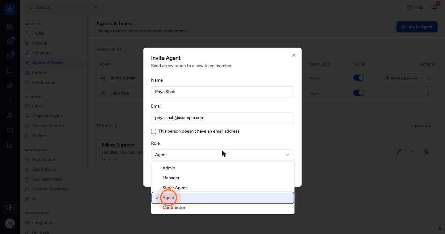 Open the Role list and choose Admin, Manager, Super Agent, Agent or Contributor.