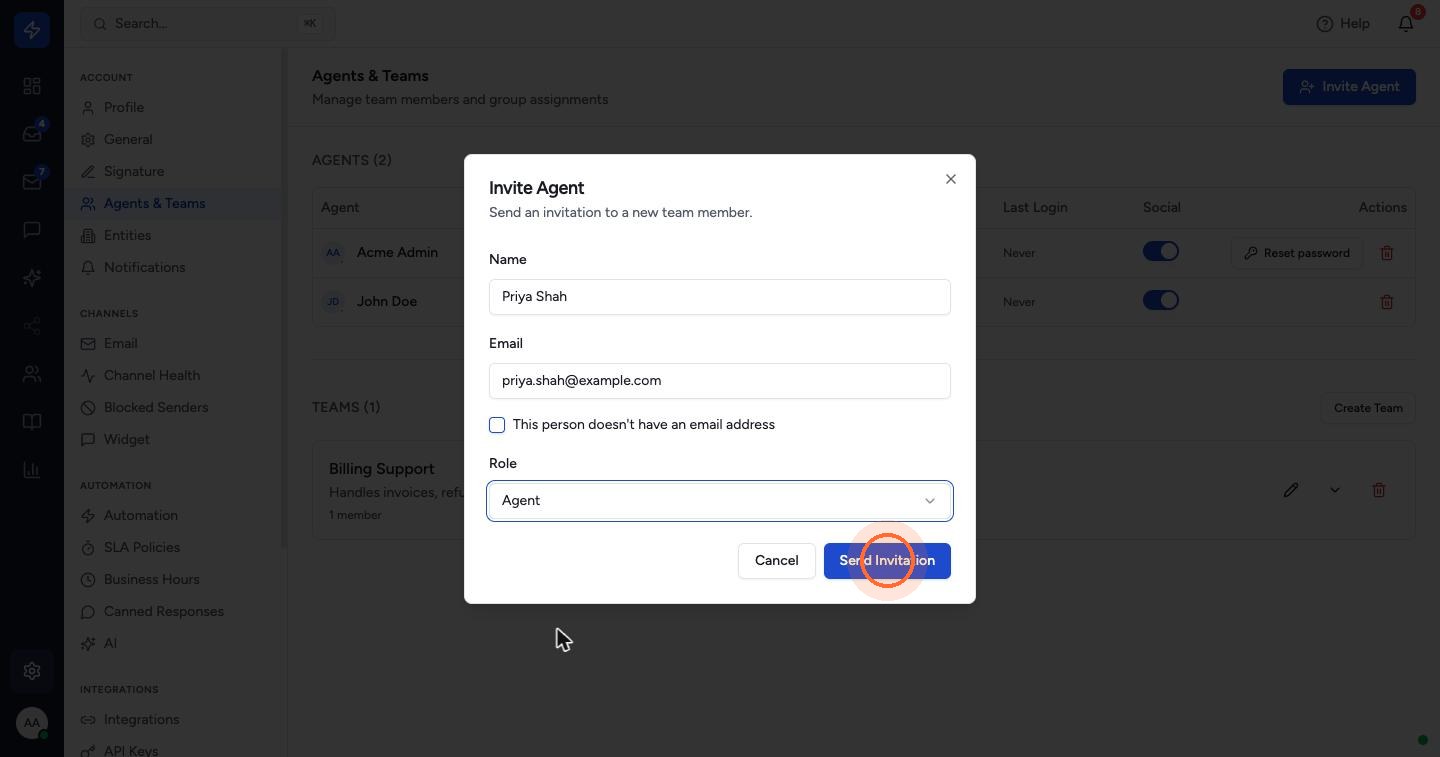 Click Send Invitation. The agent receives an email with a link to set their password.