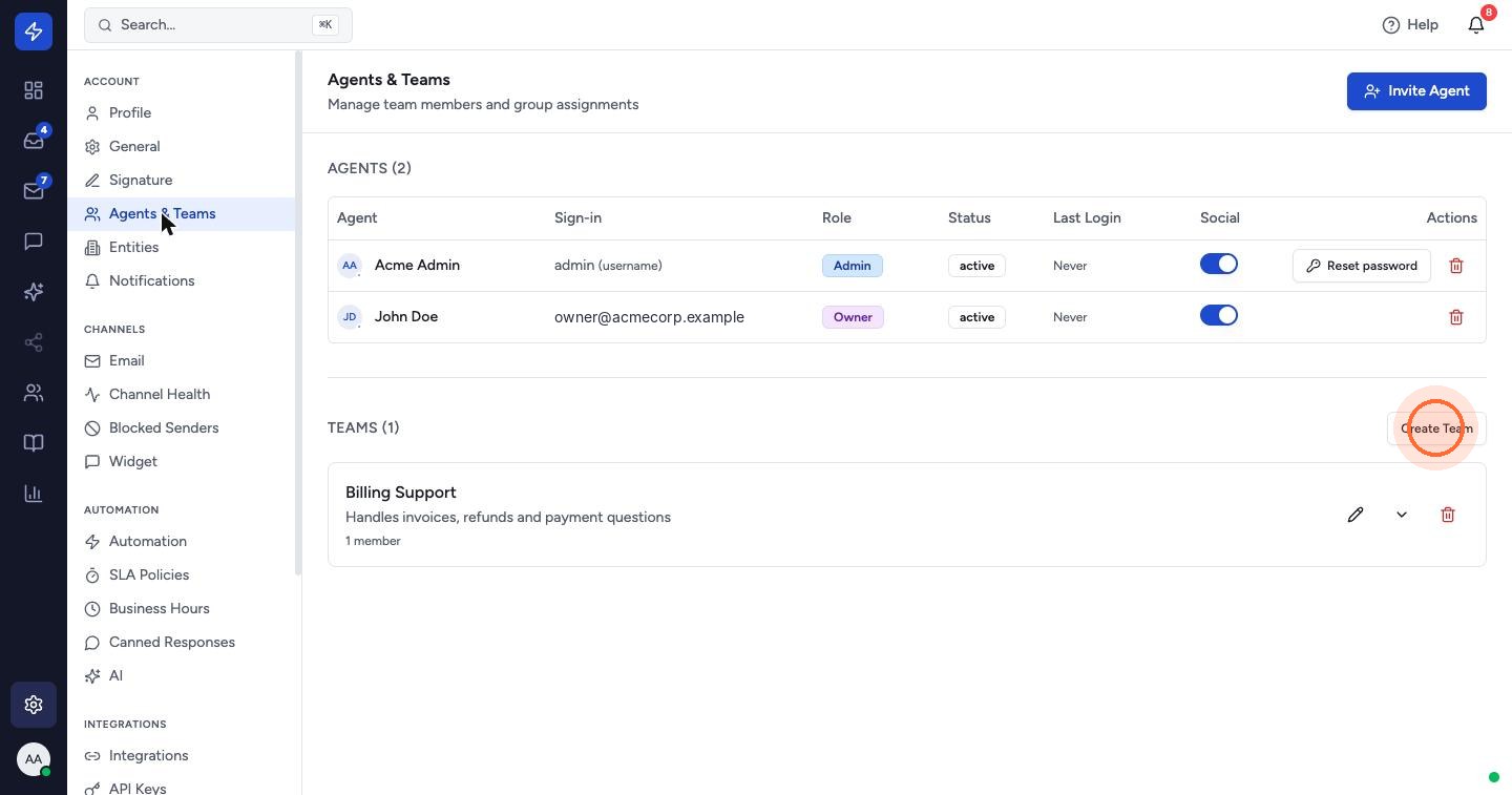 Teams let you route tickets to a group instead of one person. Click Create Team.