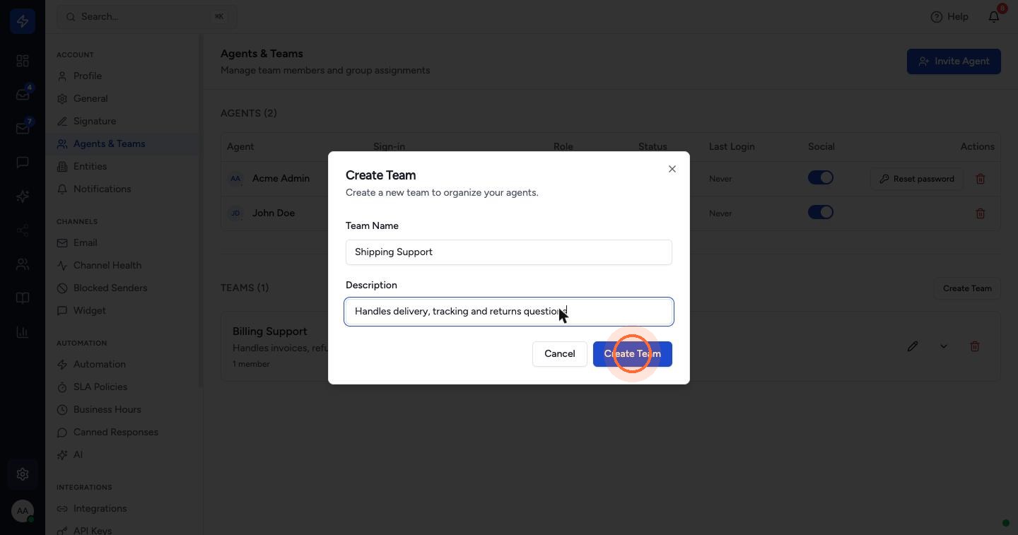 Enter a Team Name and a short Description of what the team handles, then click Create Team.