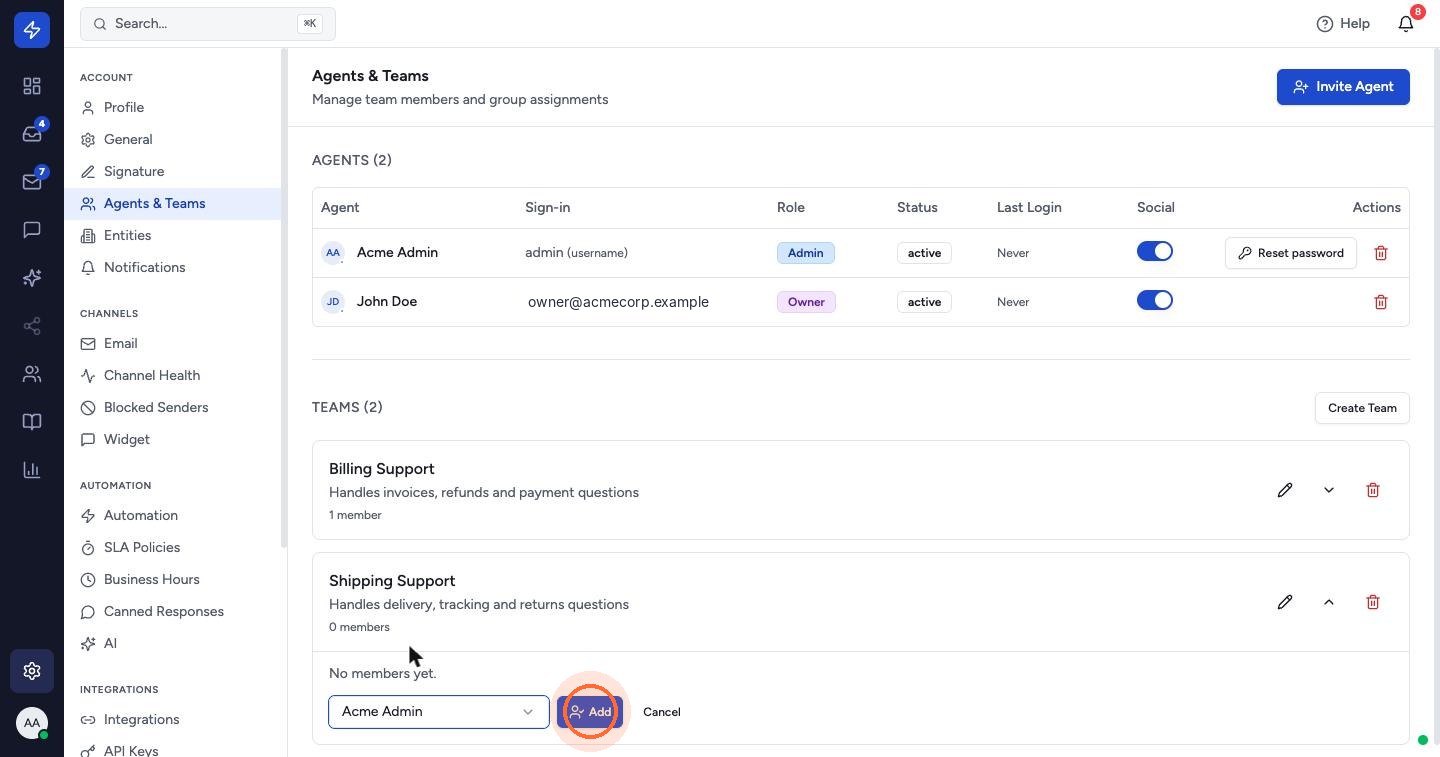 Choose an agent from the Select agent list and click Add. Repeat for each team member.