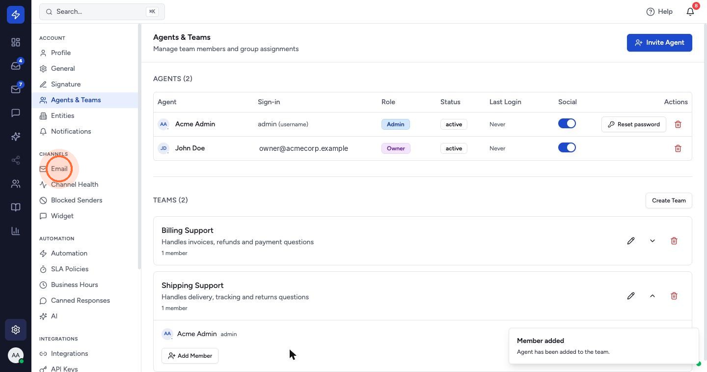 The agent now belongs to the team. Next, open Email under Channels.