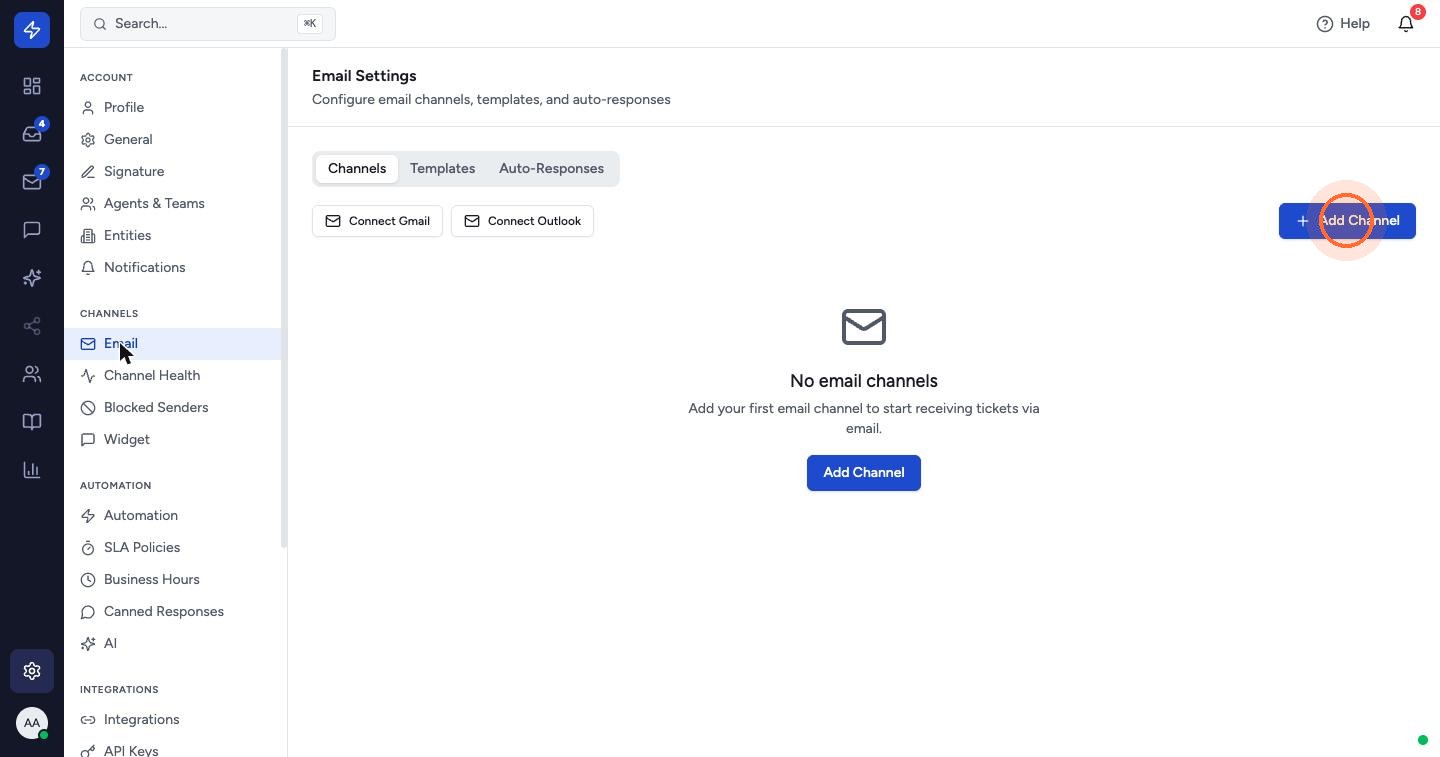 An email channel is the address customers write to. Click Connect Gmail or Connect Outlook to link a mailbox directly, or click Add Channel for any other address.