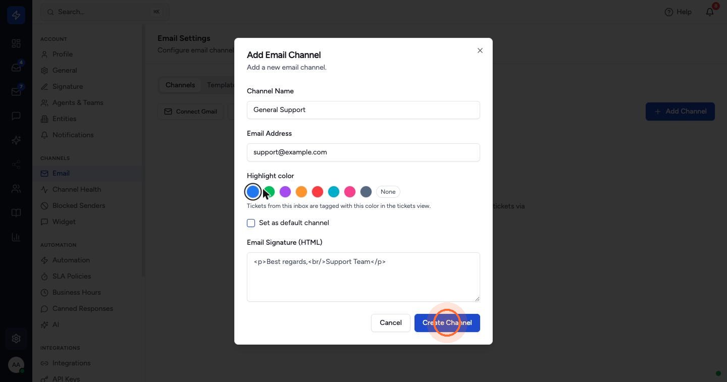 Enter a Channel Name and the Email Address, pick a Highlight color (tickets from this inbox are tagged with it in the ticket list), tick Set as default channel if it's your main address, add an Email Signature, and click Create Channel.