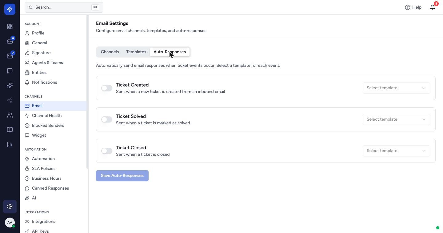 Switch on the events you want customers emailed about — Ticket Created, Ticket Solved, Ticket Closed — choose a template for each, and click Save Auto-Responses.