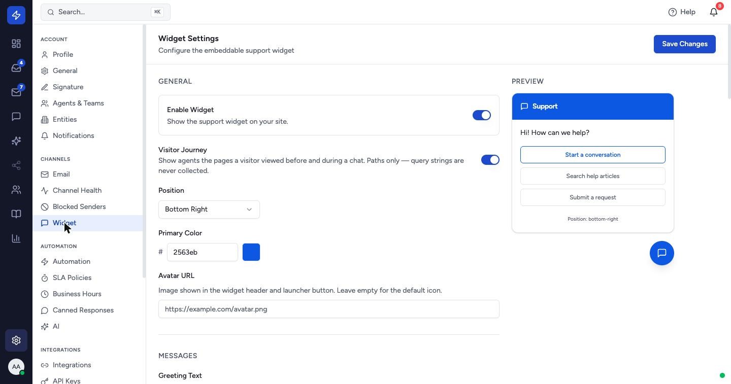 Open Widget (under Channels) to put live chat, help-article search and a ticket form on your website. Turn on Enable Widget, set the Position, Primary Color and greeting, click Save Changes, then scroll to Embed Code and paste the snippet before the closing </body> tag of your site.