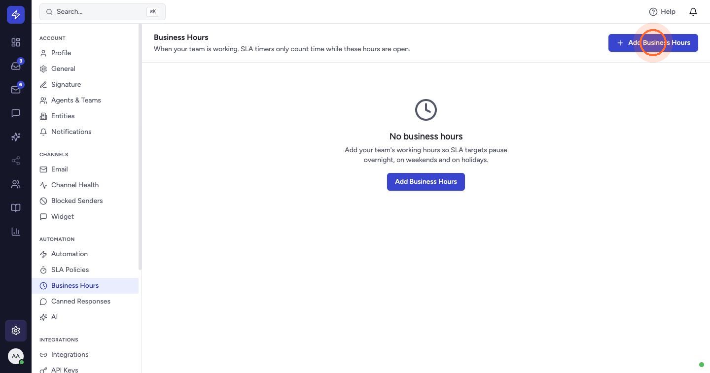 Business hours tell ZippTicket when your team is working, so SLA timers pause overnight, at weekends and on holidays. Click Add Business Hours.