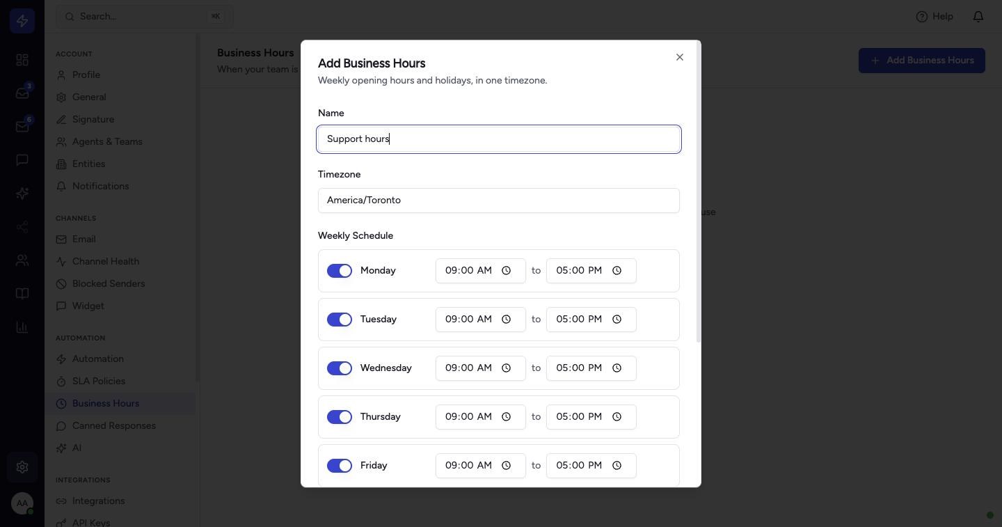 Enter a Name, choose your Timezone, and set the opening and closing time for each working day under Weekly Schedule. Use the toggle next to a day to mark it open or closed.