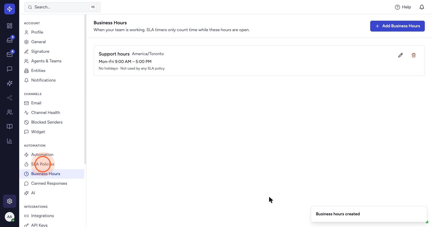 The schedule is saved and shows its hours, holidays and whether an SLA policy uses it. Next, open SLA Policies.