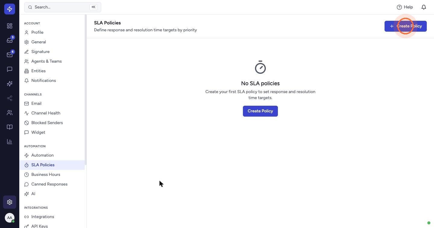 An SLA policy sets how quickly tickets of a given priority must get a first response and be resolved. Click Create Policy.