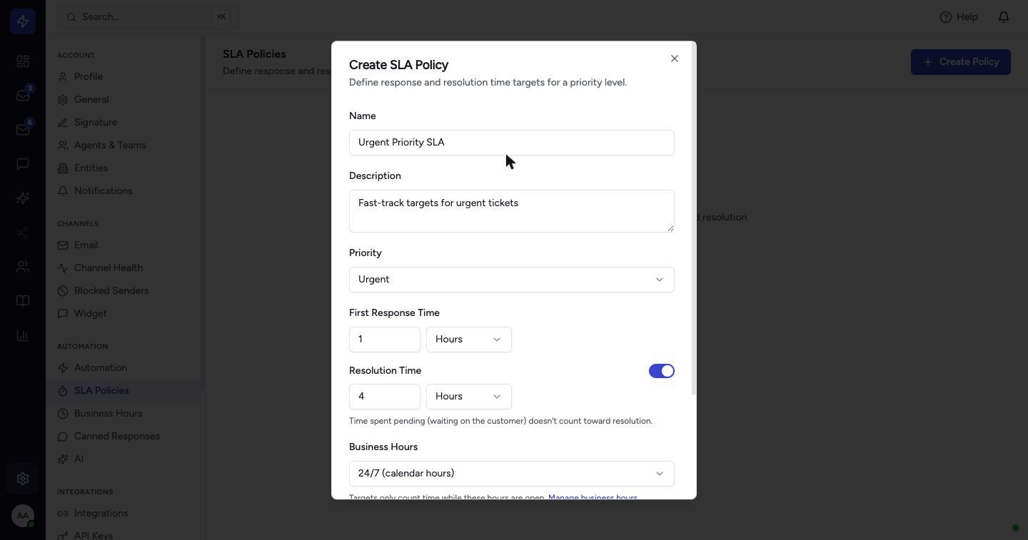 Enter a Name and optional Description, choose the Priority the policy applies to, and set the First Response Time and Resolution Time in minutes or hours. Switch the Resolution Time toggle off if you only want to track first responses. Time a ticket spends pending (waiting on the customer) doesn't count toward resolution.