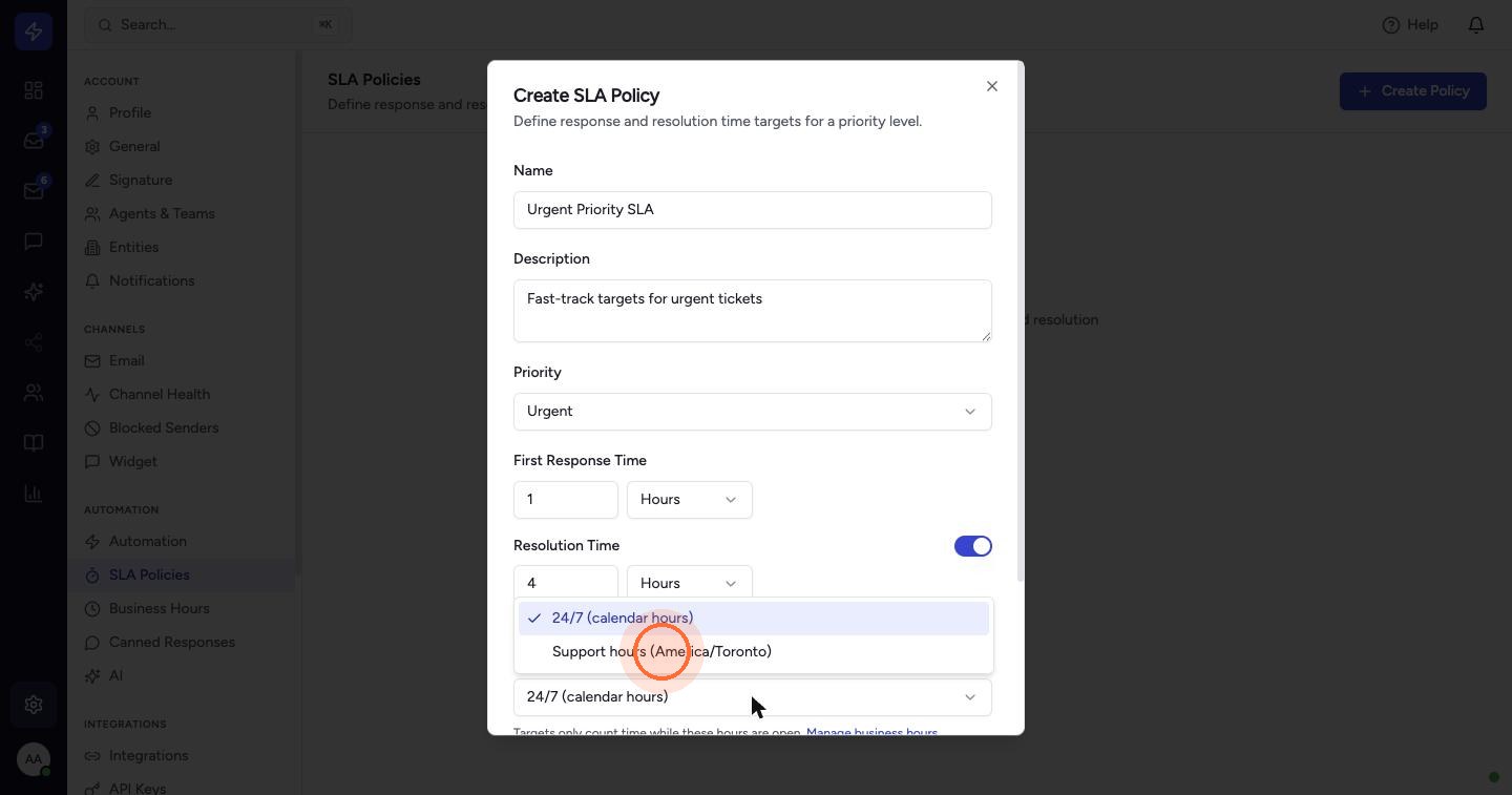 Open the Business Hours list and choose the schedule the SLA clock should follow. 24/7 (calendar hours) counts every hour; a named schedule only counts time while you are open. The Manage business hours link takes you back to the Business Hours page.