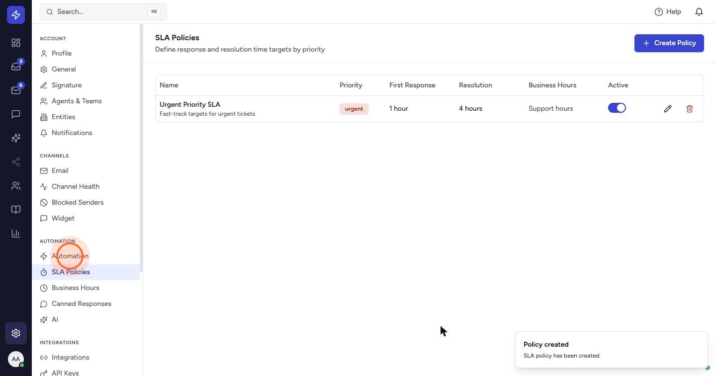 The policy is listed with its priority, targets and business hours. Use the toggle to pause it or the pencil to edit it. Now open Automation.