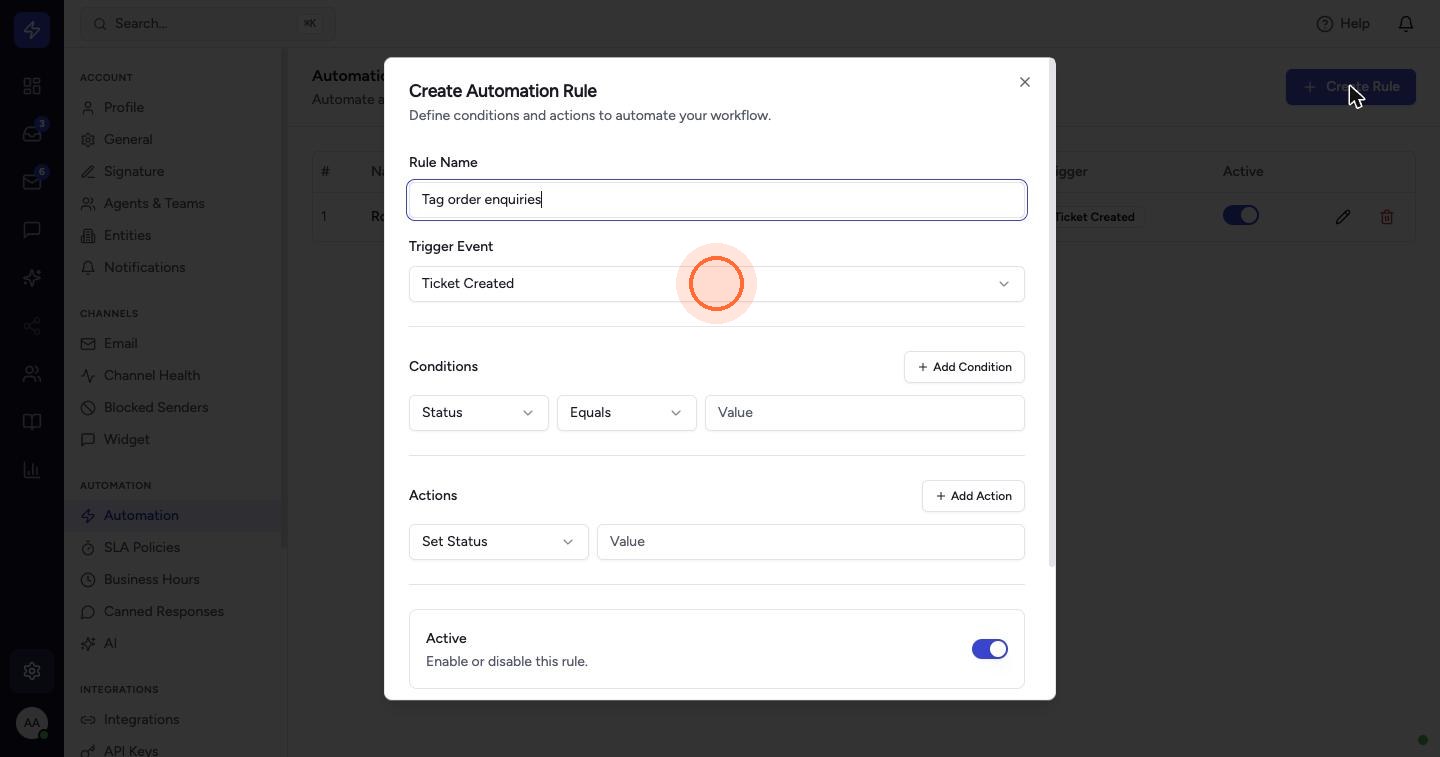 Enter a Rule Name and choose the Trigger Event: Ticket Created, Ticket Updated, Customer Replied, Agent Replied, Ticket Assigned, Status Changed, Priority Changed, SLA Warning or SLA Breached.