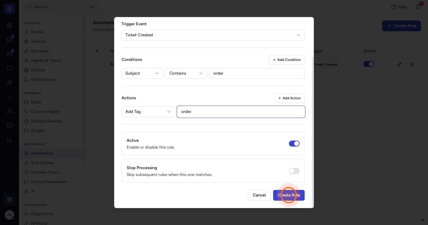 Scroll down. Leave Active on, switch on Stop Processing if no later rules should run once this one matches, and click Create Rule.