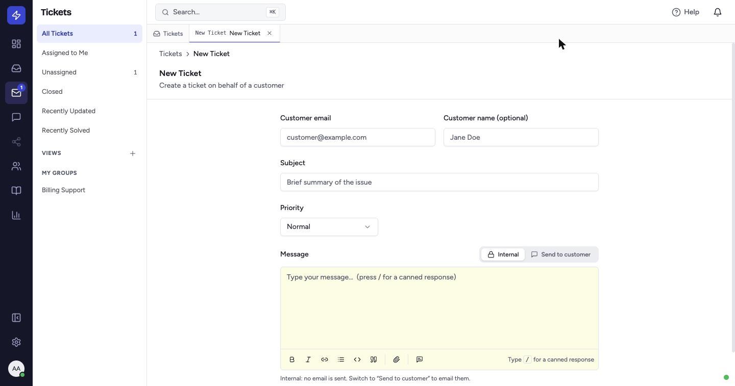 Enter the Customer email and Customer name, a short Subject, and choose a Priority (Low, Normal, High or Urgent).