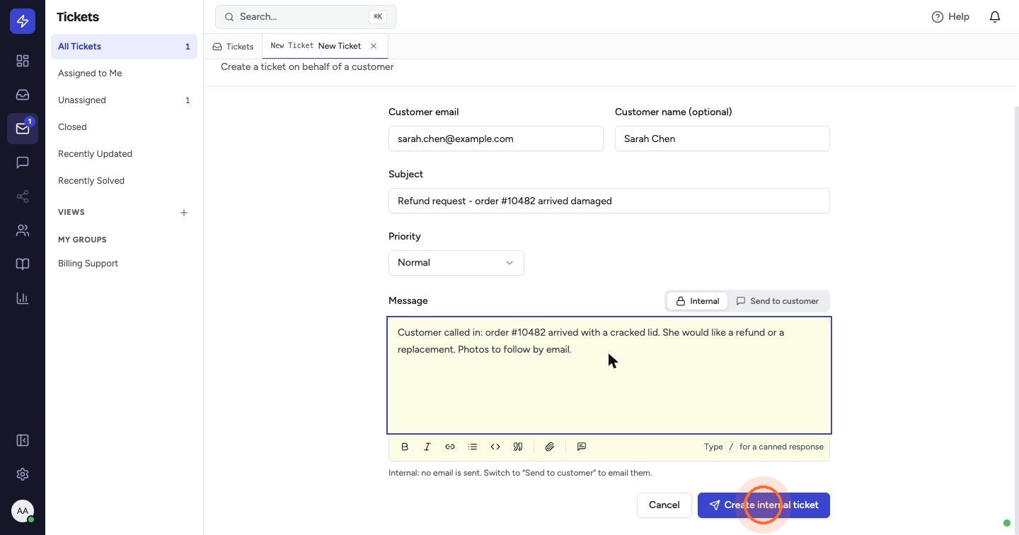 Click Create internal ticket.