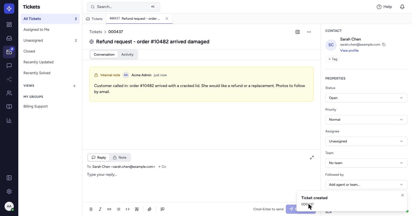 The new ticket opens in its own tab with a ticket number. The conversation is on the left; the customer's contact details and the ticket's Properties are on the right.