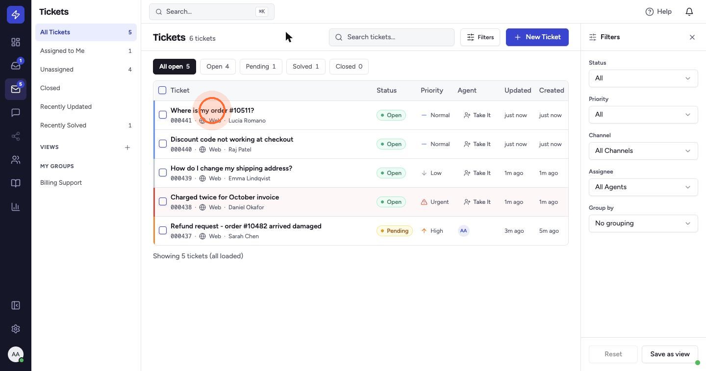 To work on an existing ticket, go back to Tickets and click it in the list.