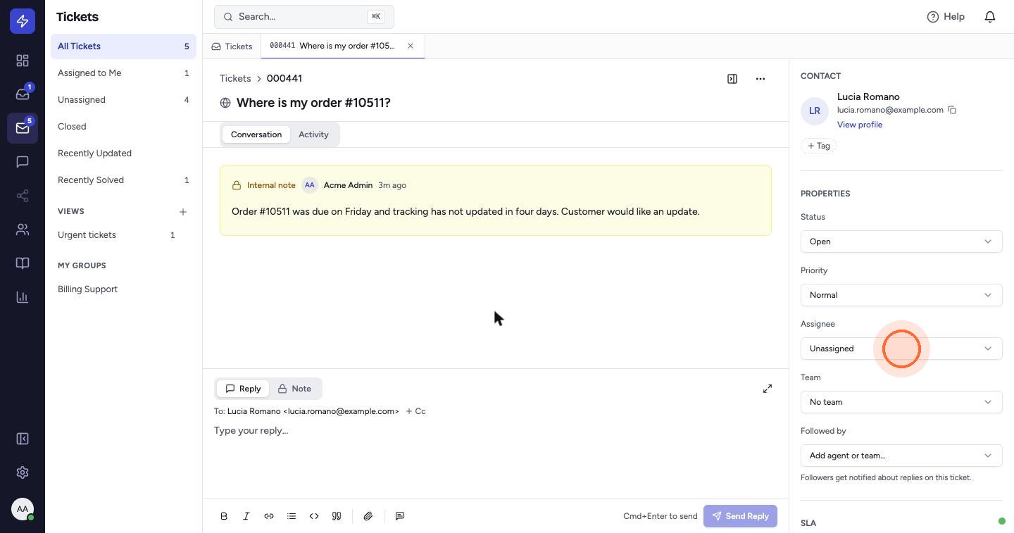 Use the Properties panel to manage the ticket. Click Assignee.