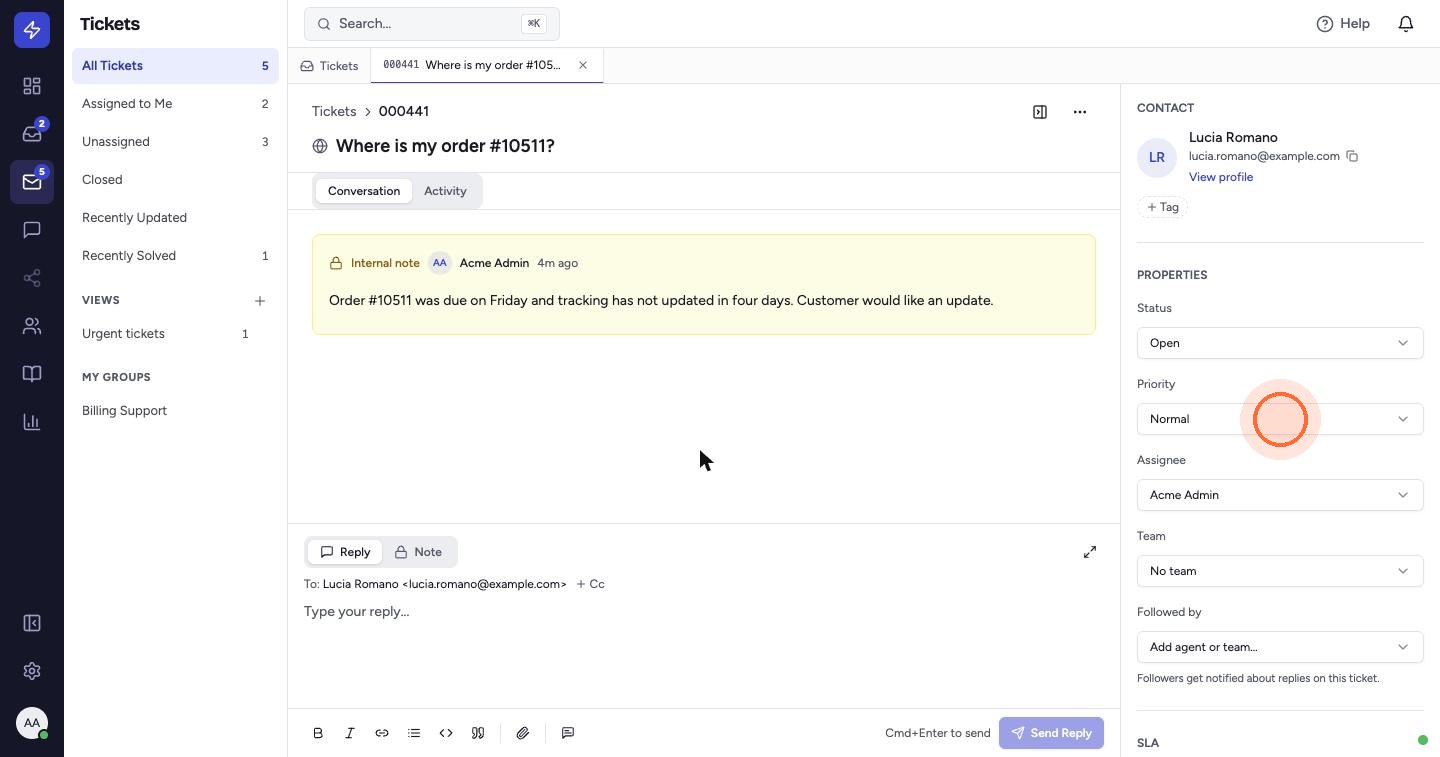 The ticket is assigned. Now click Priority.