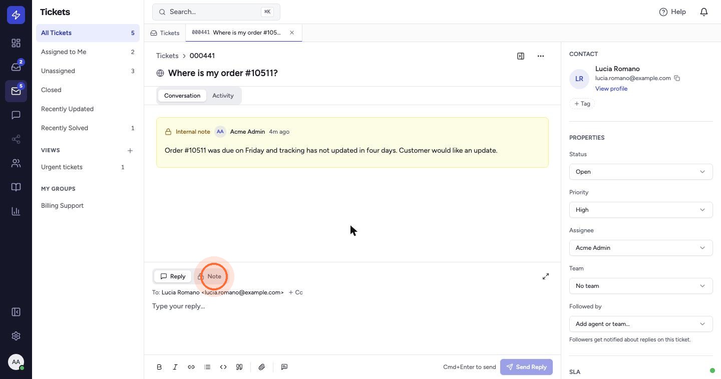 To leave a note for your team, switch the composer at the bottom from Reply to Note.