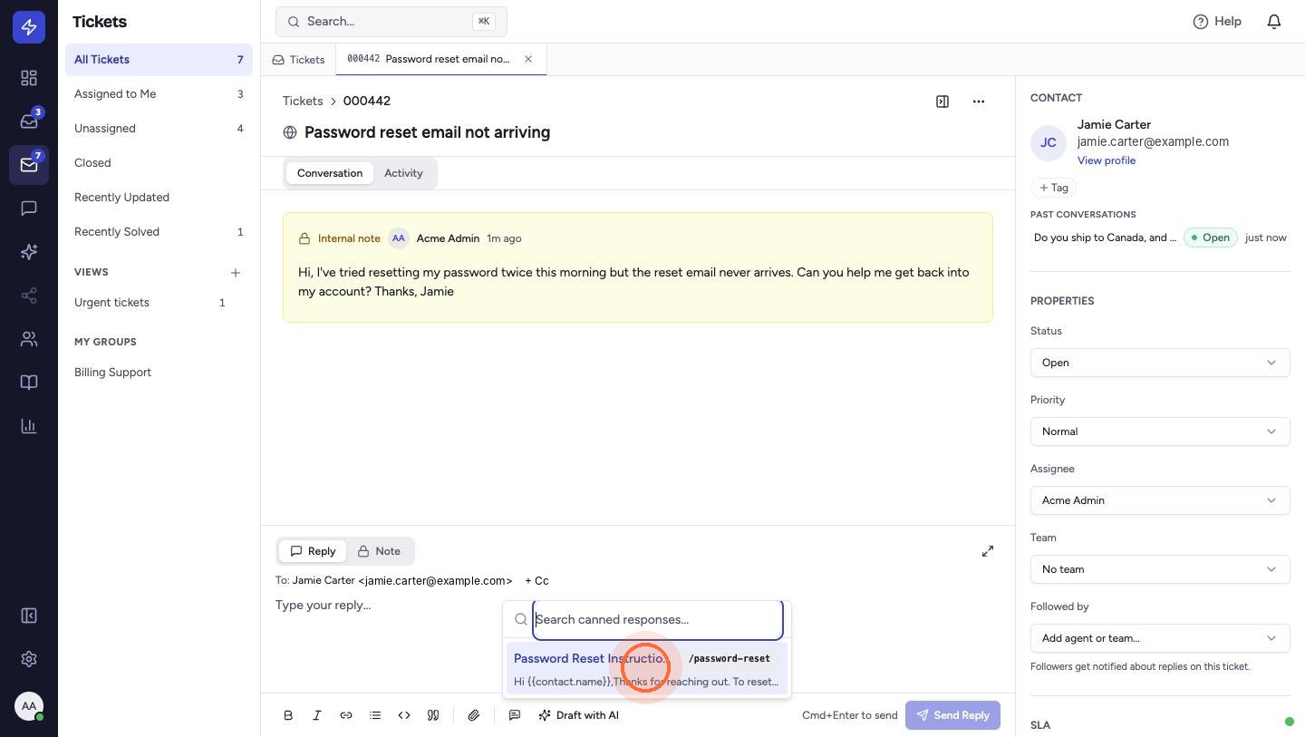 Pick a response from the list, or keep typing to search by name or shortcut.