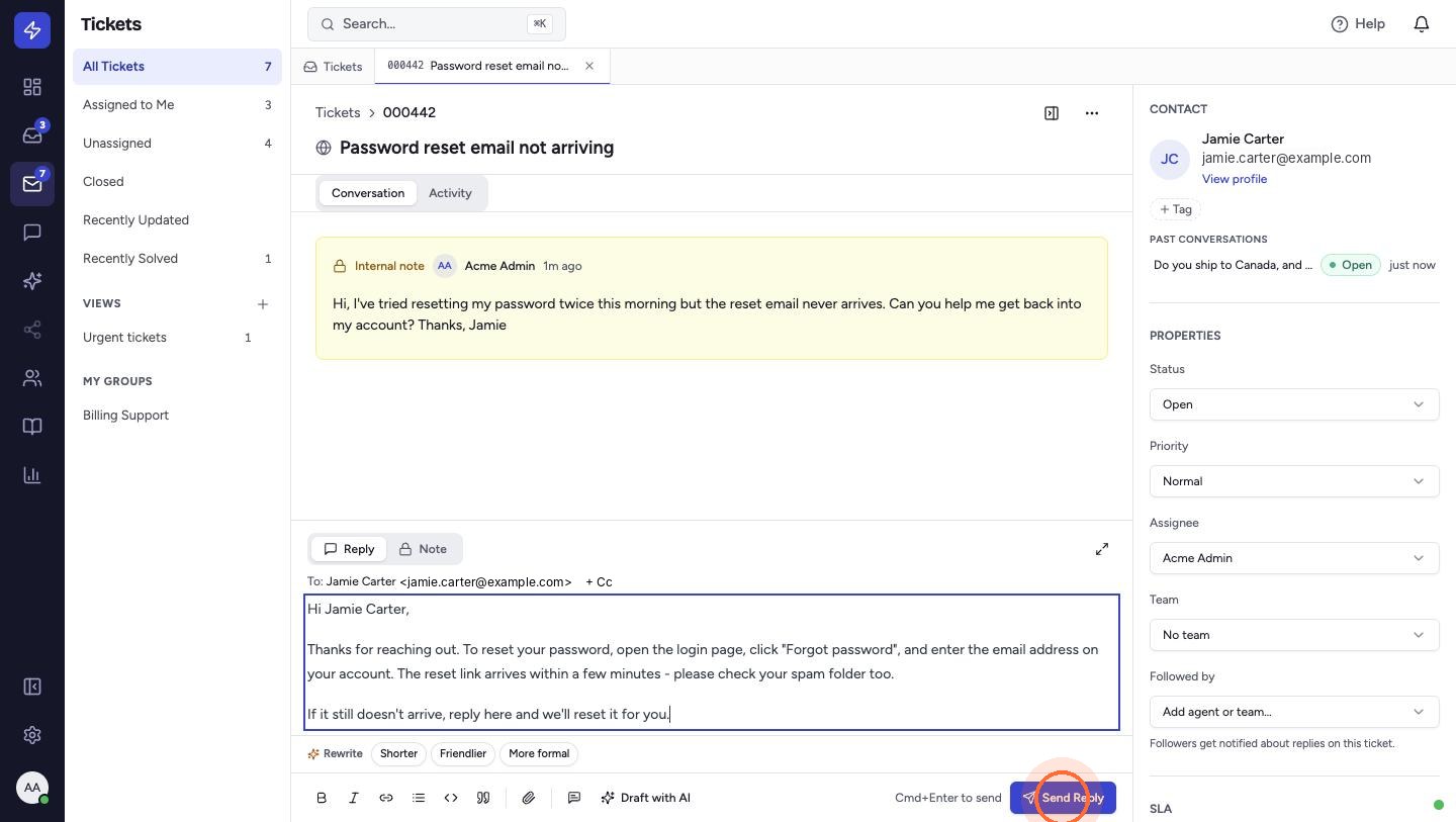 The reply is filled in, with placeholders such as the customer's name already replaced. Edit the text if needed, then click Send Reply (or press Cmd+Enter).