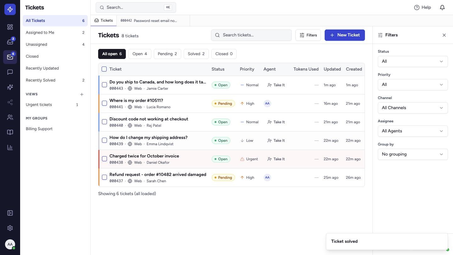 You return to the ticket list. The ticket moves to Solved and leaves your open queue; find it again under the Solved tab or Recently Solved.