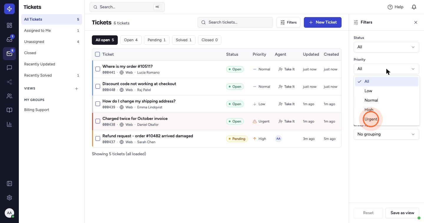 Choose a value, for example Urgent. You can combine Status, Priority, Channel and Assignee.