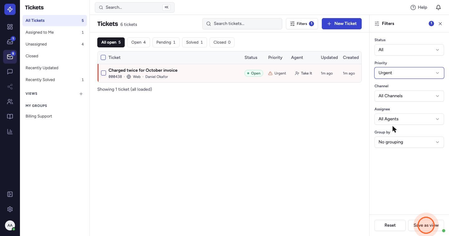 Only matching tickets remain, and the Filters button shows how many filters are active. To reuse a filter, click Save as view.