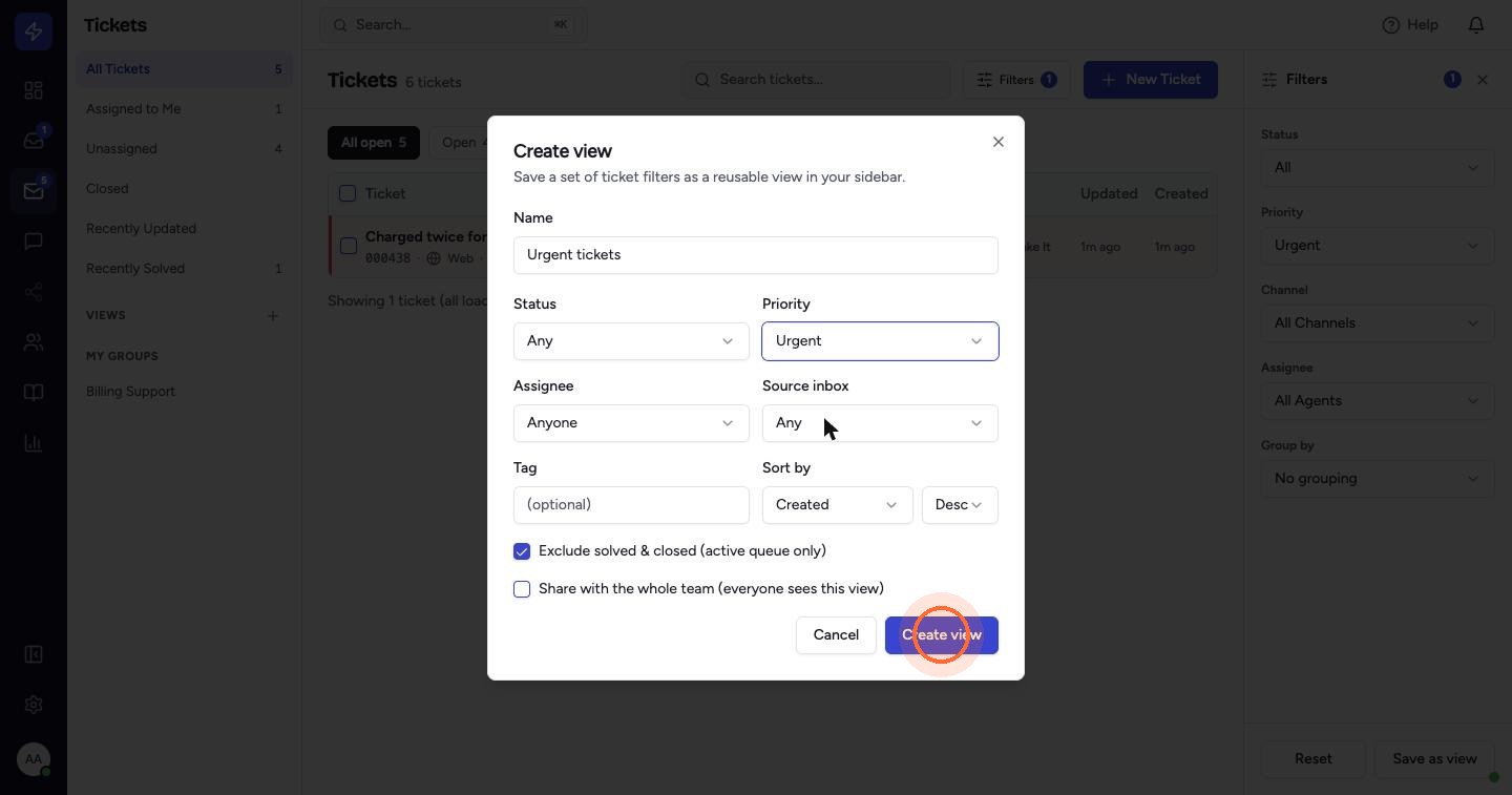 Enter a Name and set the view's Status, Priority, Assignee, Source inbox, Tag and Sort by. Tick Share with the whole team to give everyone the view. Click Create view.