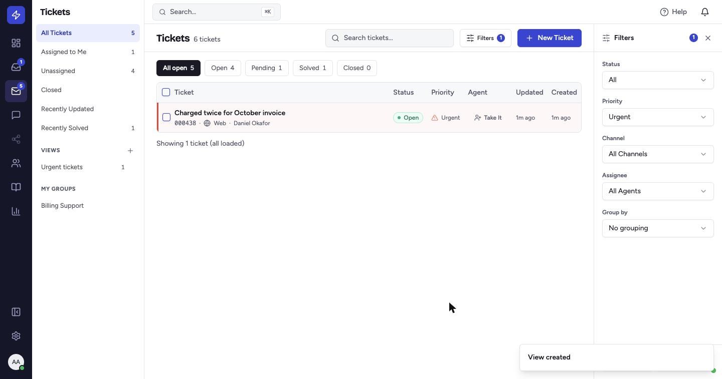 The view appears in the sidebar under Views with a live ticket count. Click it any time to reopen it. Click Reset at the bottom of the Filters panel to clear the current filter.