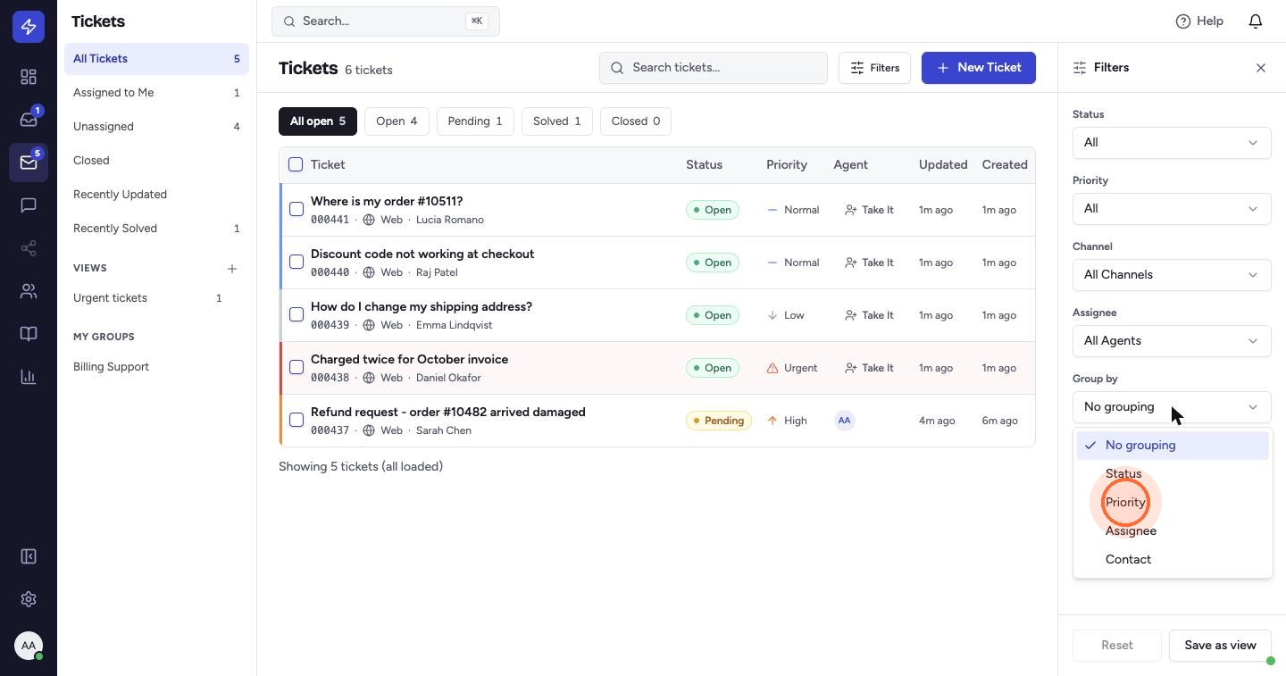 With the filter cleared, the full list is back. Click Group by to organise it by Status, Priority, Assignee or Contact.