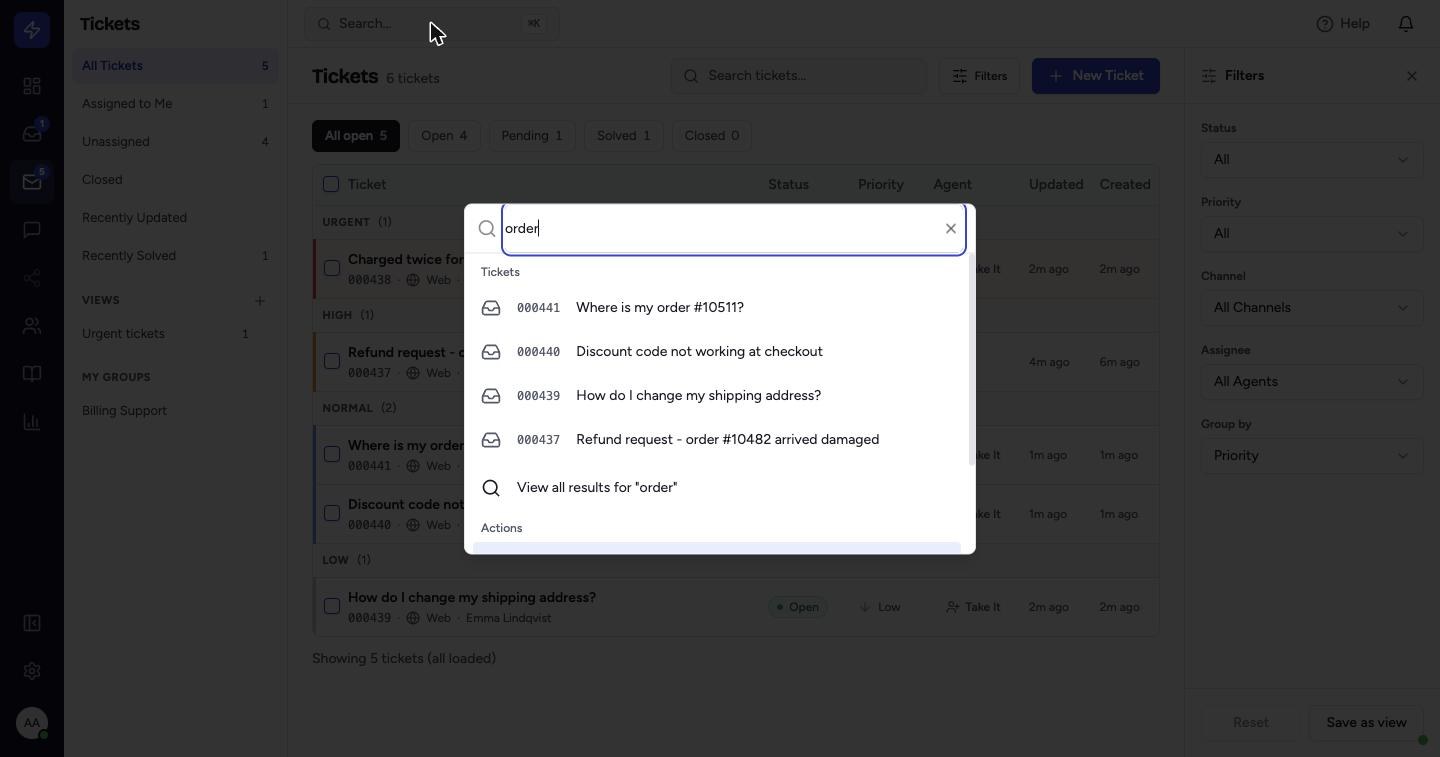 Press Cmd+K (Ctrl+K on Windows), or click the search bar at the top, to search the whole workspace from any page. Pick a result or choose View all results.