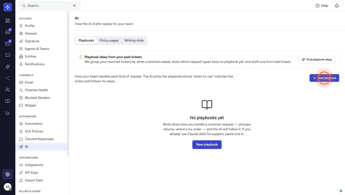The Playbooks tab lists how your team handles each kind of request. The AI picks the playbook whose "when to use" line matches the ticket and follows its steps. Click New playbook.