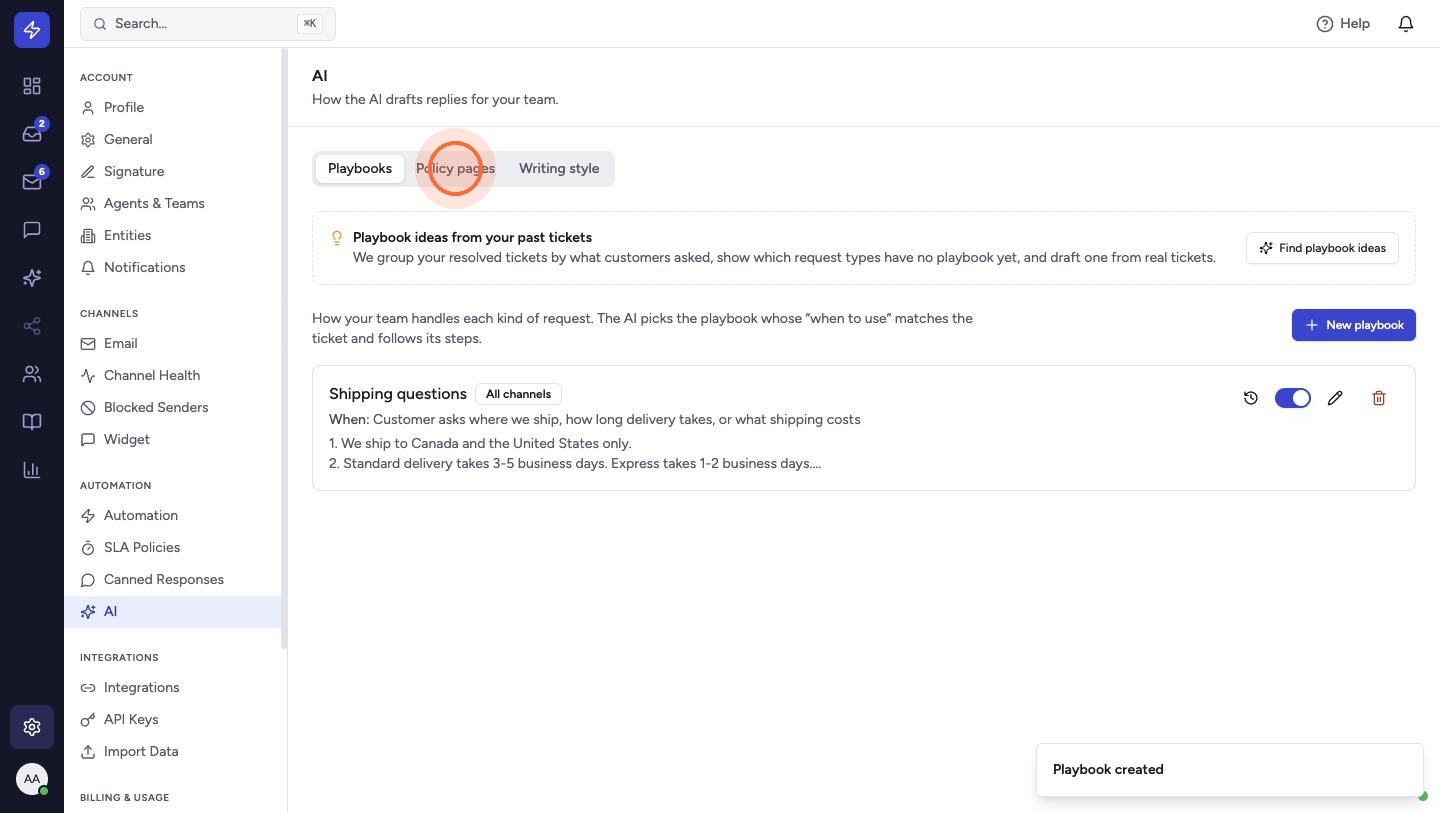 The playbook is listed and active. Use the toggle to switch it off, the pencil to edit it, and the clock icon to see earlier versions. Next, open Policy pages.