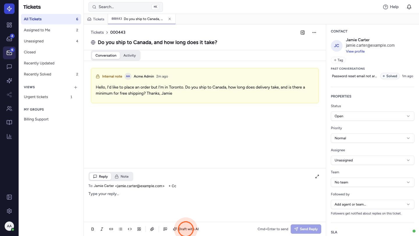To draft a reply yourself, open a ticket and click Draft with AI in the composer toolbar.