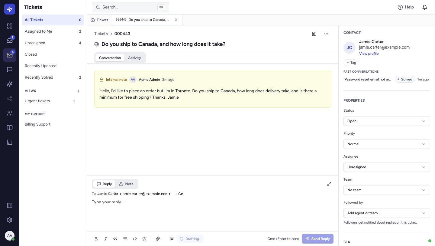 The button shows Drafting… while the AI reads the ticket, your playbooks and your policy pages.