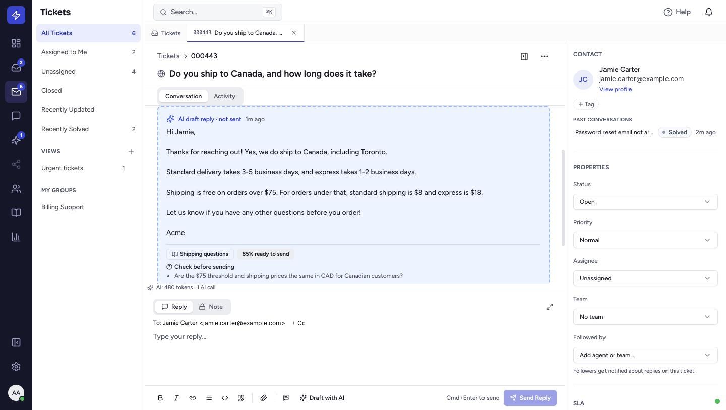 The draft appears in the conversation, marked AI draft reply · not sent. Underneath are the playbook it used and a score for how ready it is to send.