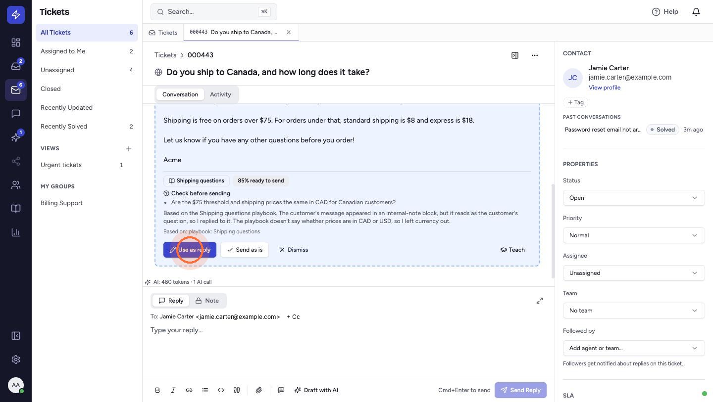 Scroll down for Check before sending — points the AI was unsure about — and its reasoning. Click Use as reply to edit the draft, Send as is to send it unchanged, or Dismiss.