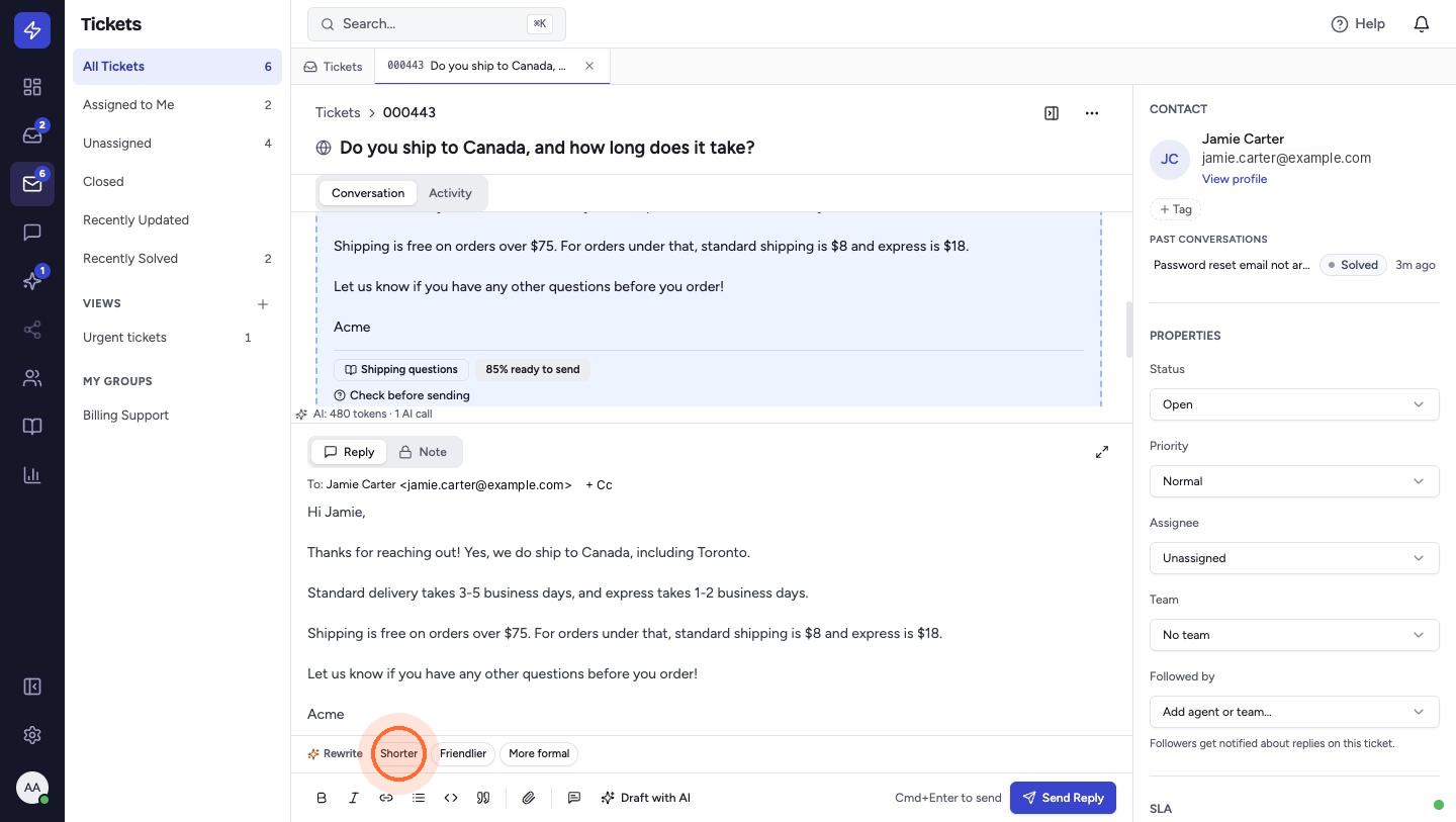 The draft moves into the reply box, where you can edit it freely. The Rewrite buttons make it Shorter, Friendlier or More formal in one click.