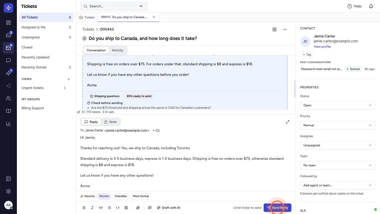 Check the result, then click Send Reply.