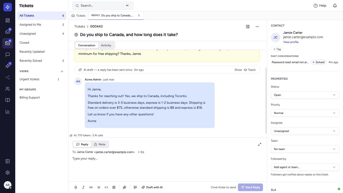 The reply is sent and added to the conversation. The draft collapses to a single line, and the AI tokens used on this ticket are shown under the conversation.