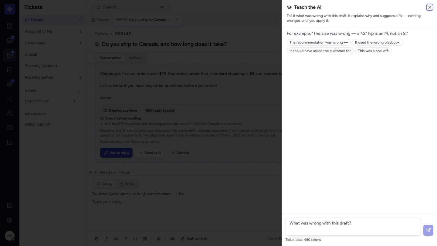 If a draft was wrong, click Teach on it and say what to fix. The AI explains why it wrote what it did and suggests a change to your playbooks; nothing changes until you apply it.