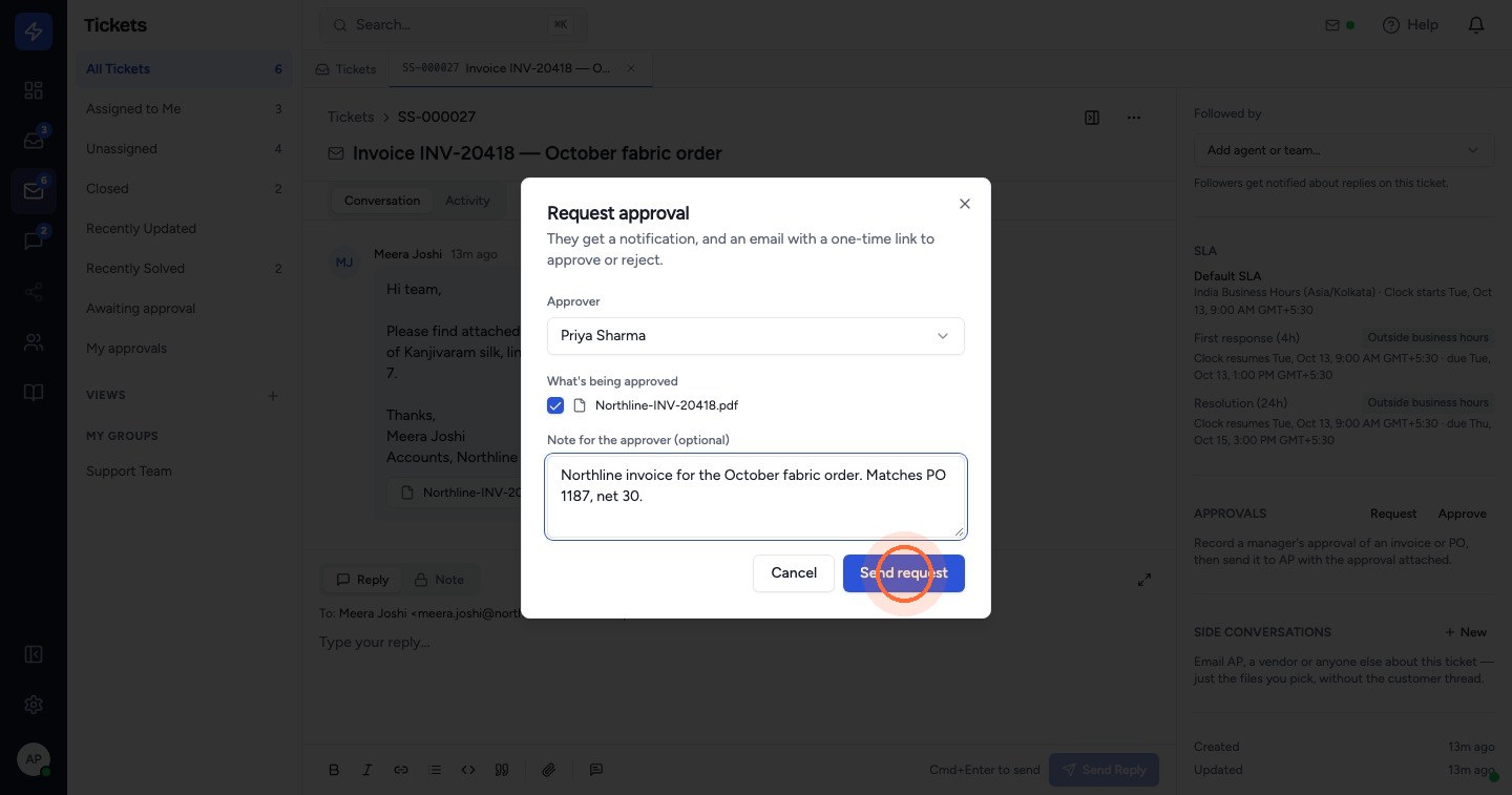 Under What's being approved, tick the files the approval covers. Add a Note for the approver if it helps, then click Send request. The approver gets a notification and an email with a one-time link to approve or reject.