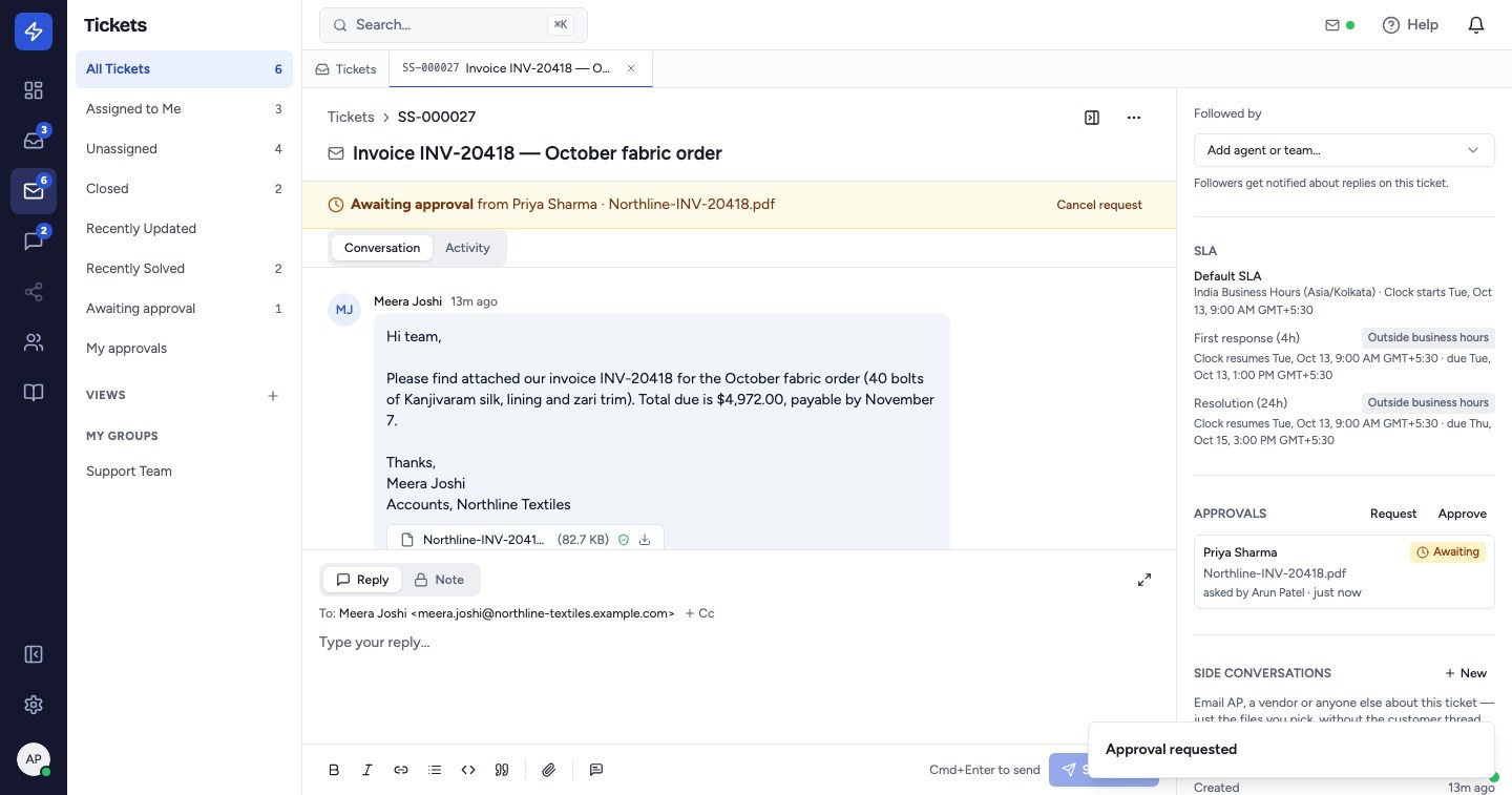 A banner across the ticket shows Awaiting approval from the approver, and the Approvals section lists the request. Whoever asked, or a Manager or Admin, can click Cancel request.